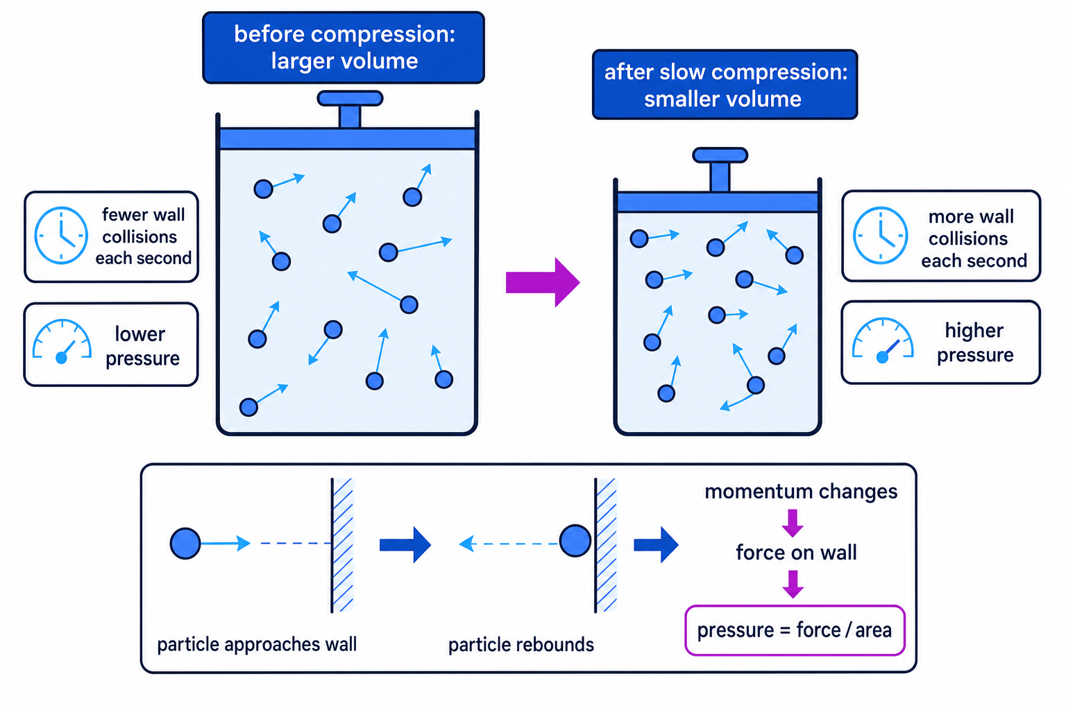 Two gas containers before and after slow compression showing the same particle speeds but more wall collisions and higher pressure in the smaller volume, plus a wall collision with momentum change labelled