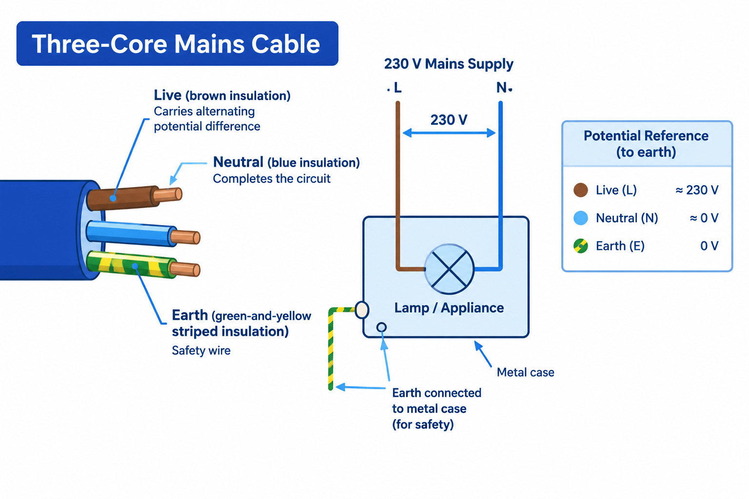 Three-core mains cable showing brown live, blue neutral, green-and-yellow earth, appliance metal case, and potential references