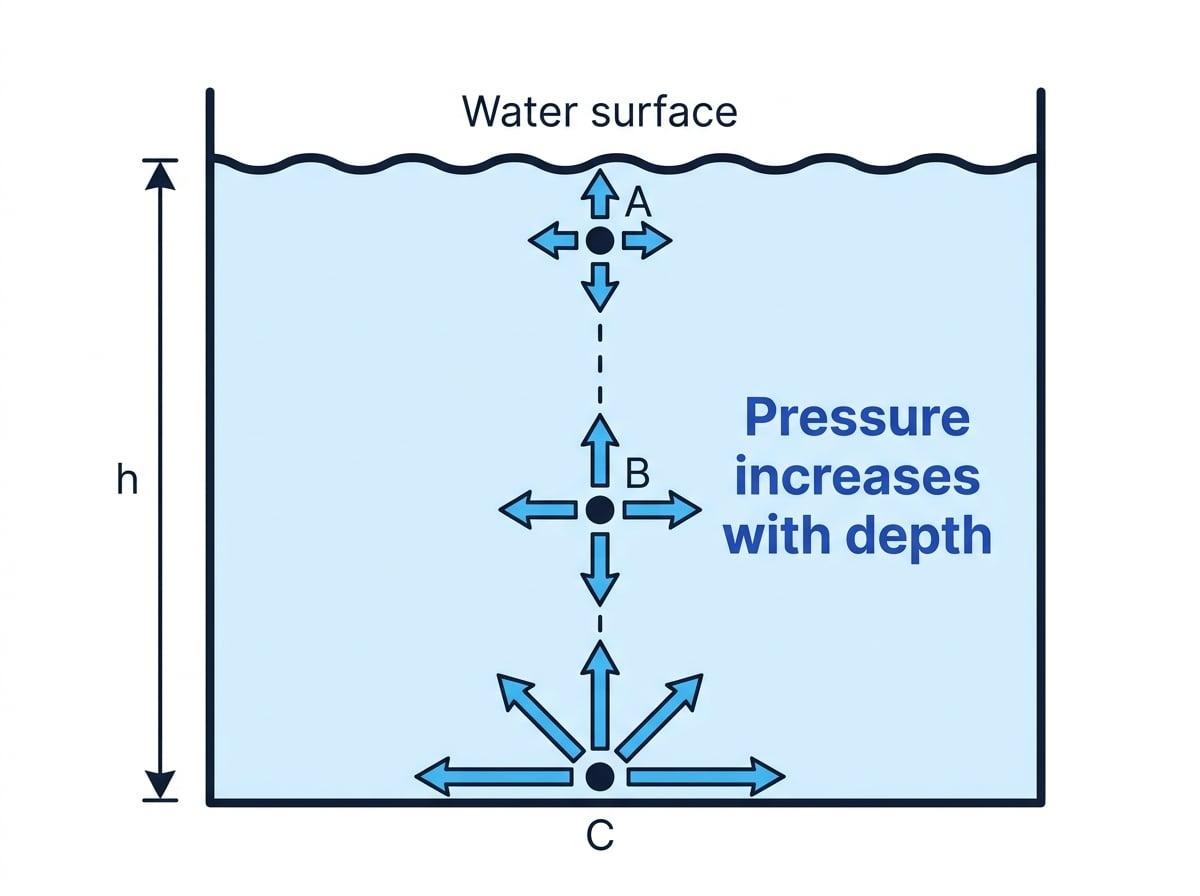 Open tank of water with points A, B, and C at increasing depths, arrows showing pressure in different directions, and depth h measured from the surface