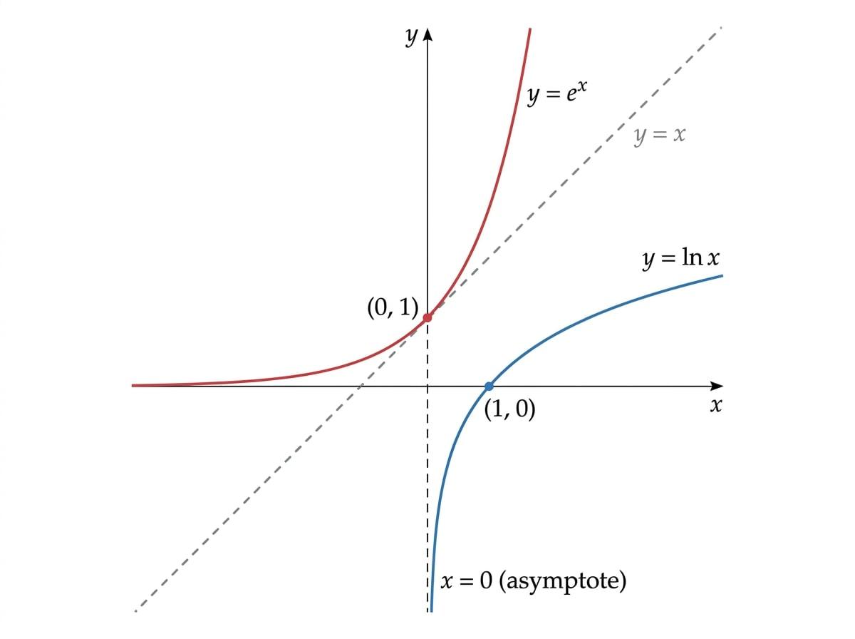 Graphs of y = e^x and y = ln x with the line y = x showing the inverse relationship