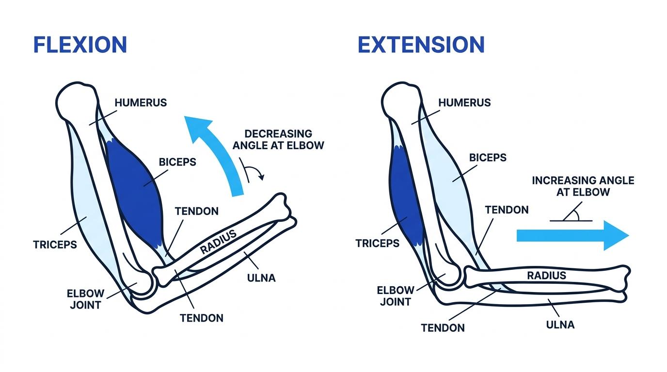 Elbow joint diagrams showing flexion with the biceps shortening and extension with the triceps shortening
