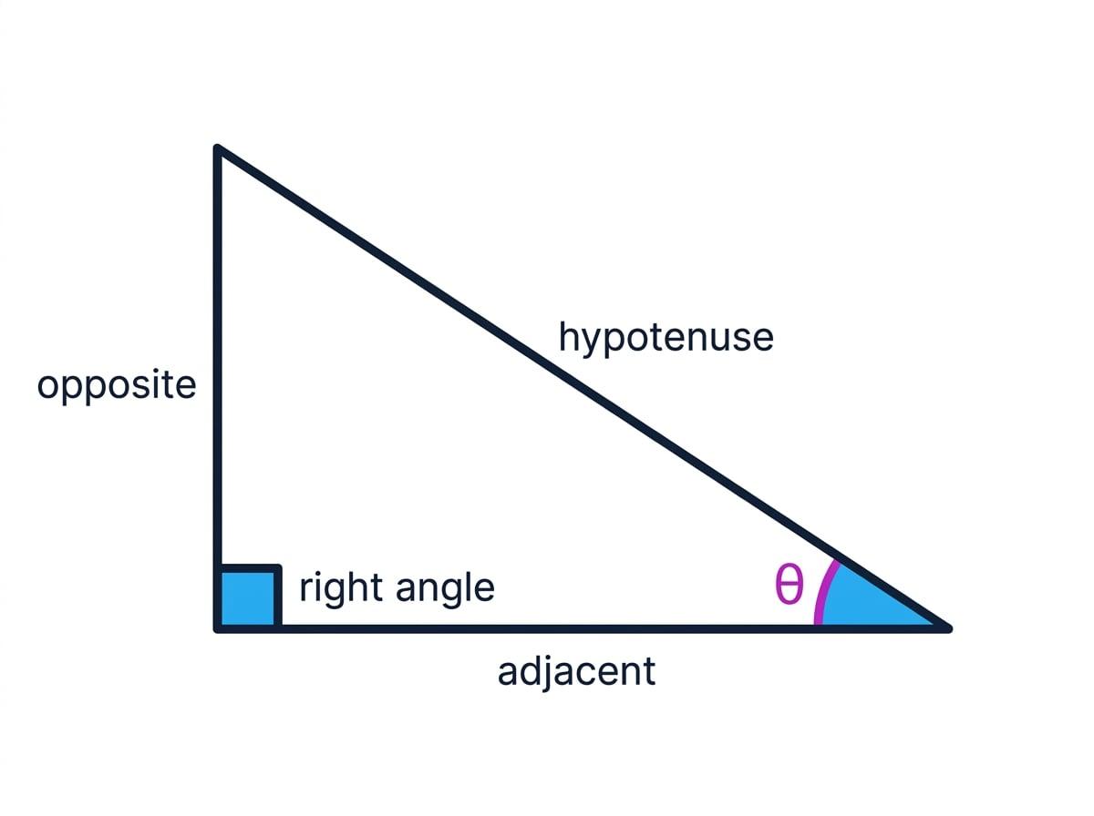 Right-angled triangle labelled opposite, adjacent and hypotenuse relative to angle theta