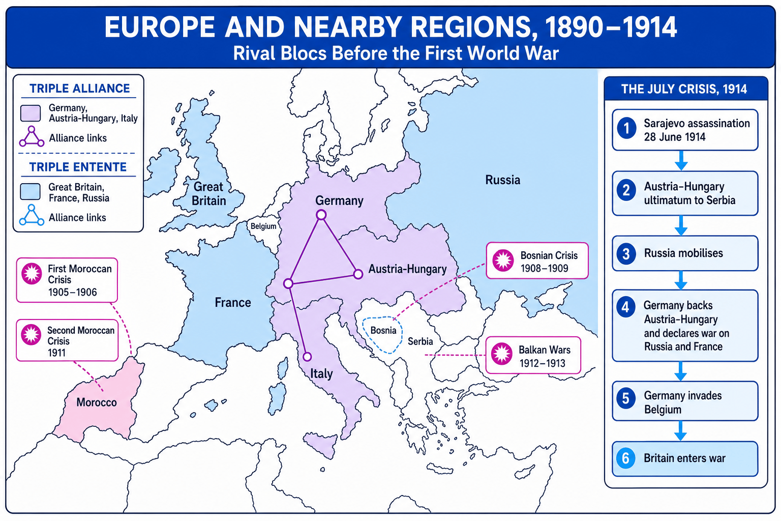Map of pre-1914 Europe showing the two alliance blocs, crisis areas and the July Crisis chain