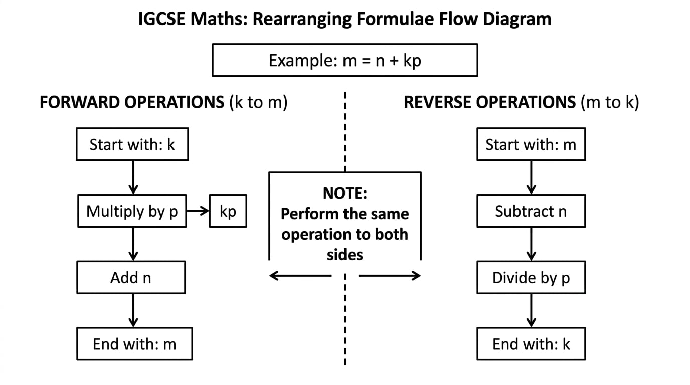 Flowchart showing m = n + kp with forward operations multiply by p and add n, and reverse operations subtract n and divide by p to isolate k