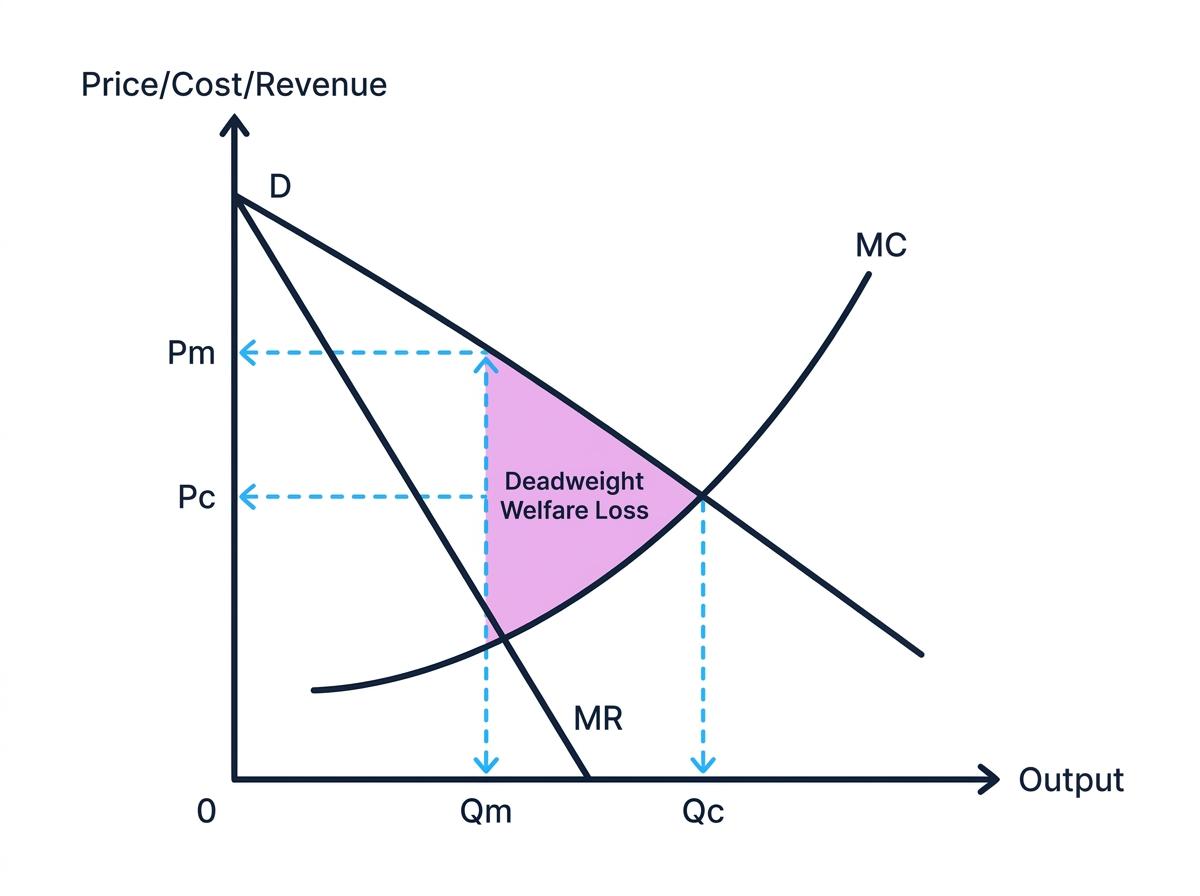 Monopoly diagram with demand, marginal revenue, marginal cost, monopoly price Pm and output Qm, competitive price Pc and output Qc, and deadweight welfare loss shaded