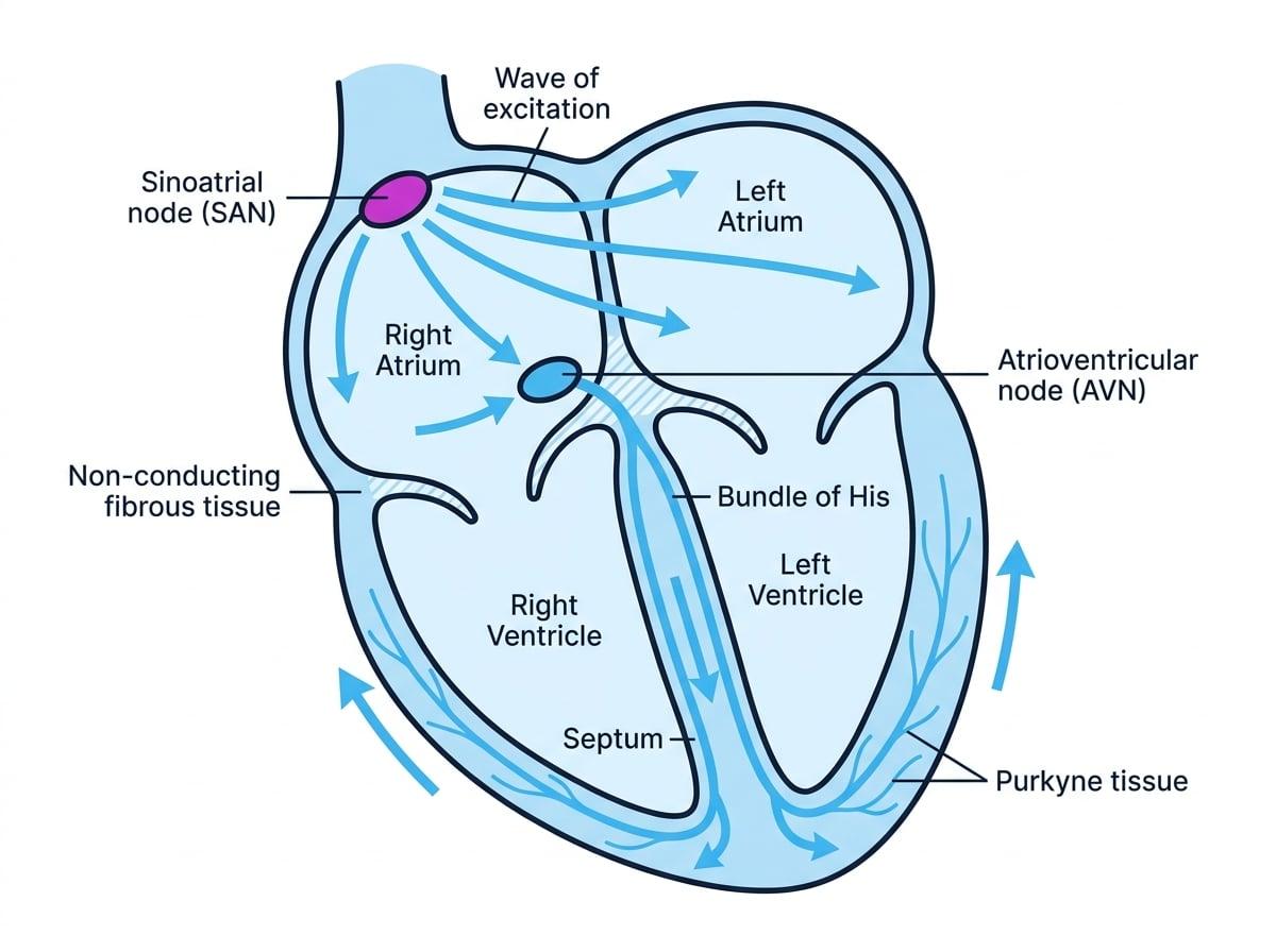 Cross-sectional diagram of the human heart showing the SAN in the right atrium, AVN, non-conducting fibrous tissue, bundle of His, Purkyne tissue, and arrows for the wave of excitation