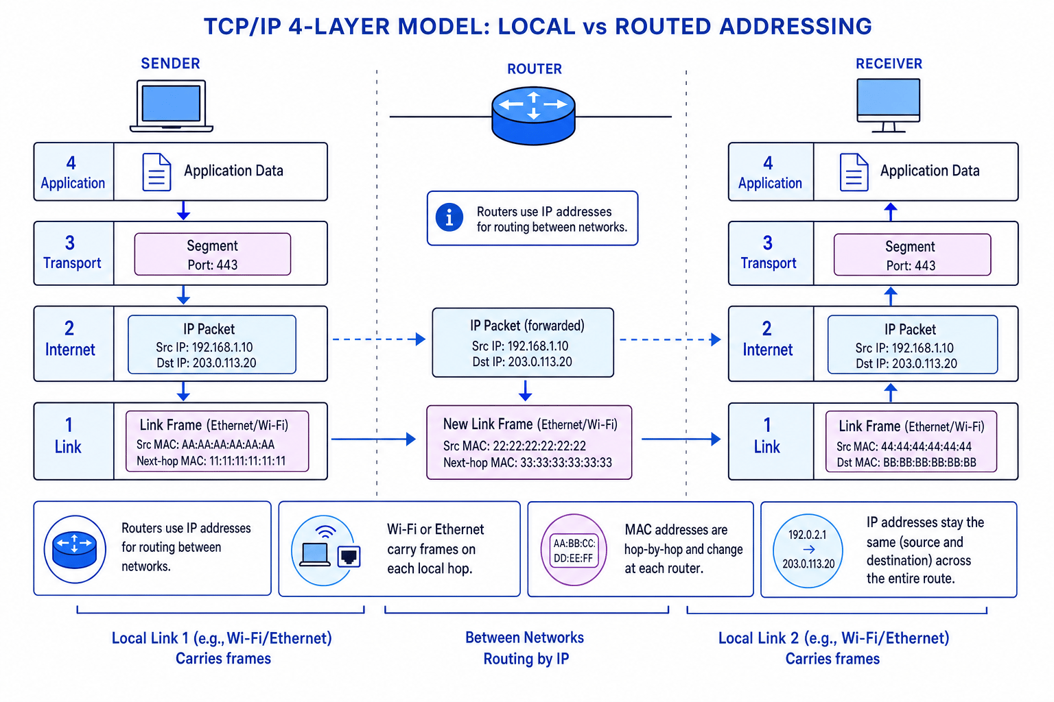 Sender and receiver with Application, Transport, Internet and Link layers; data is encapsulated downward, routed across a network, then decapsulated upward.