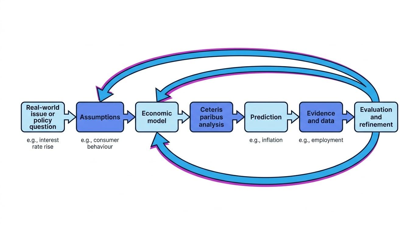 Flow diagram showing a real-world issue leading to assumptions, economic model, ceteris paribus analysis, prediction, evidence and refinement