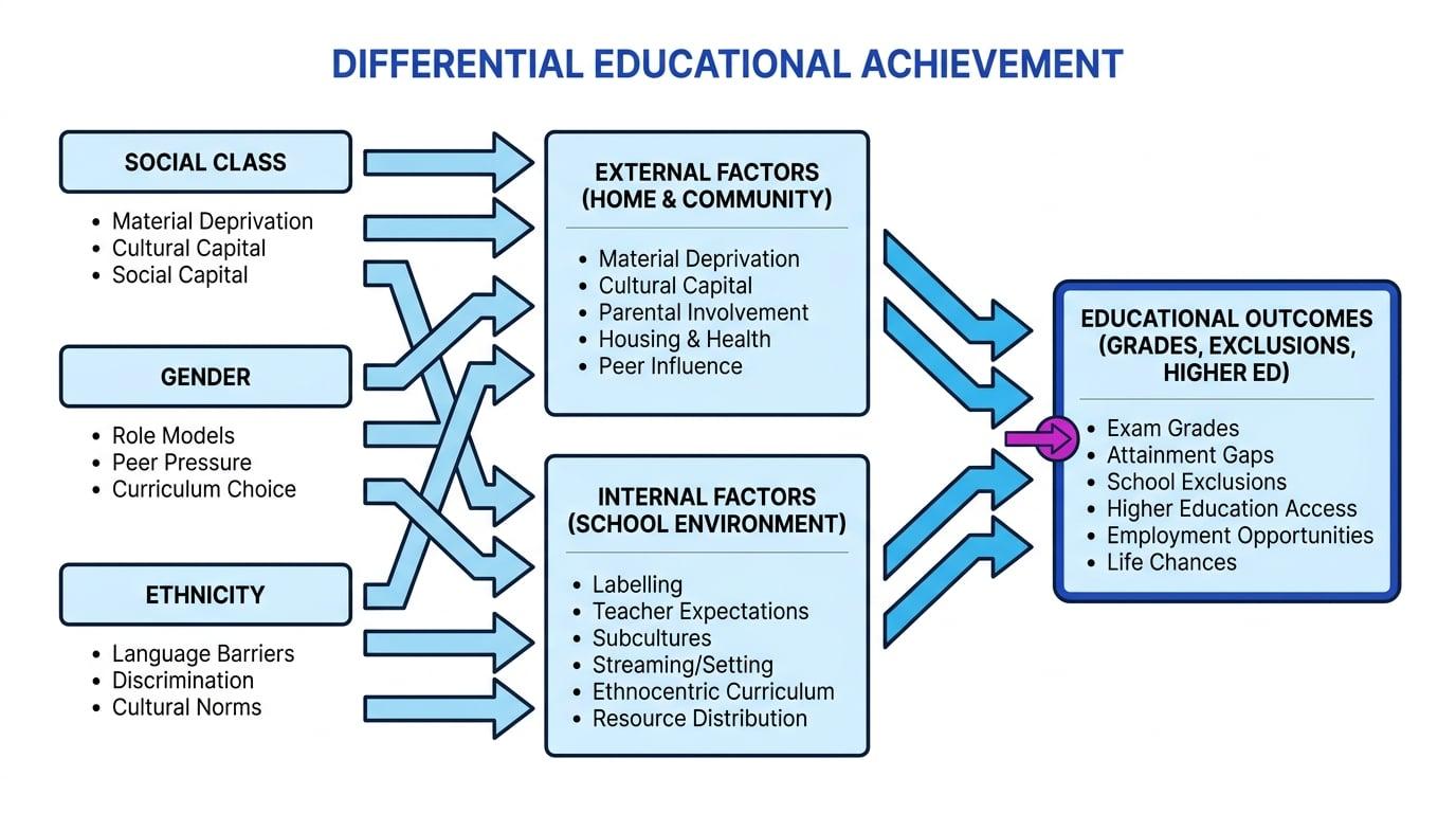 Differential educational achievement flowchart mapping how social class, gender, and ethnicity link to external and internal factors to shape educational outcomes
