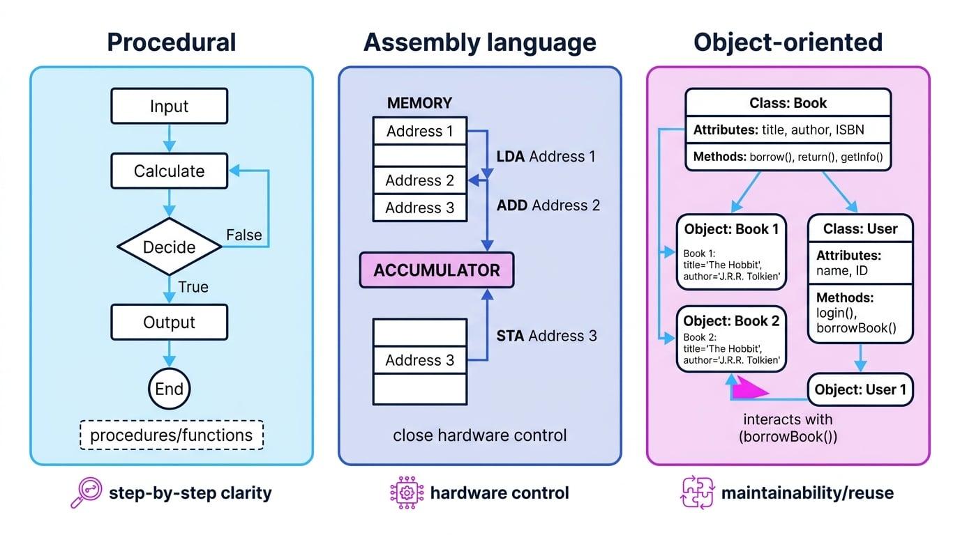 Comparison figure of procedural step-by-step flow, assembly memory and accumulator, and object-oriented classes and objects