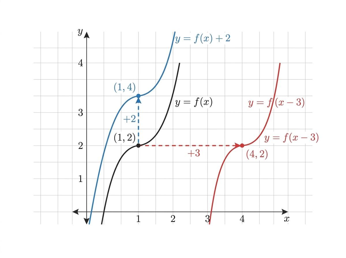 Coordinate graph showing original curve y=f(x), an upward shift y=f(x)+2, and a right shift y=f(x-3), with matching points marked
