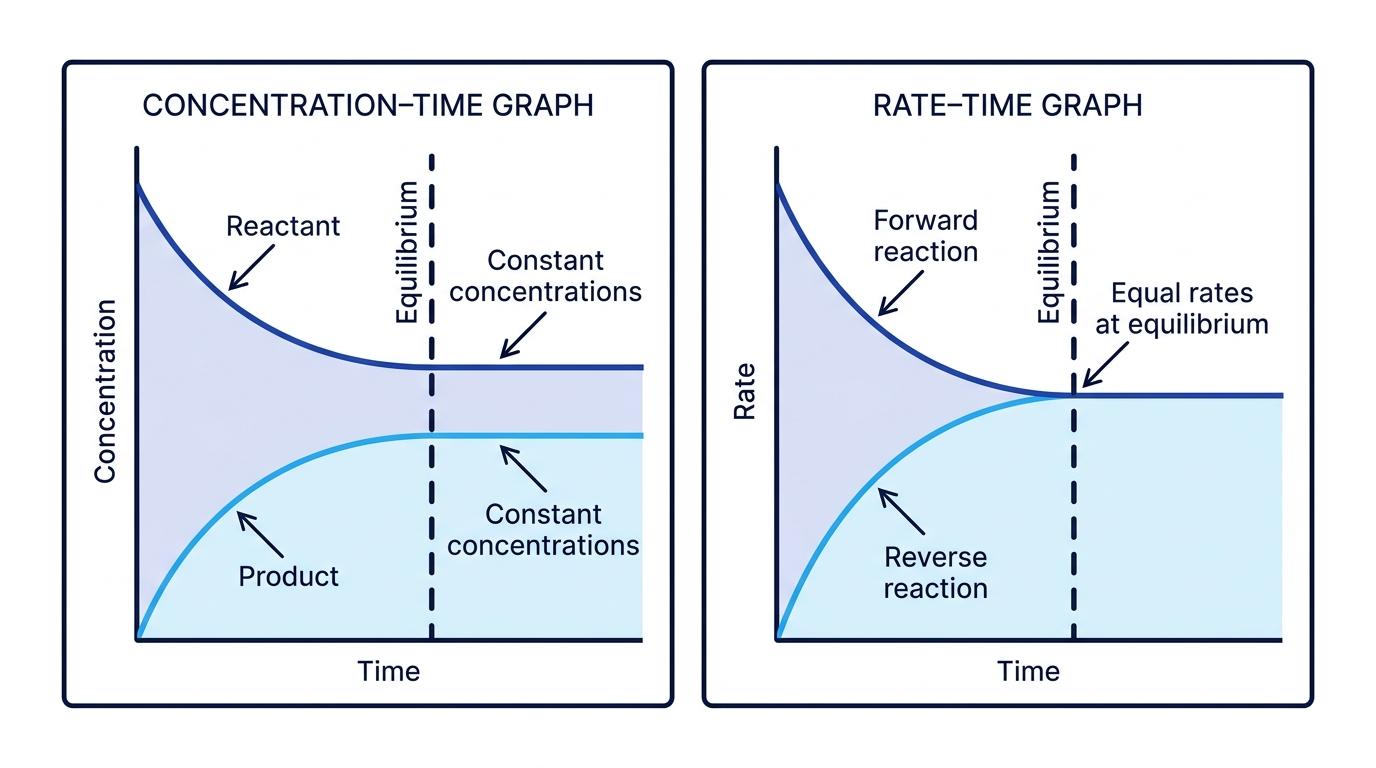 Concentration-time and rate-time graphs for a reversible reaction showing constant concentrations and equal forward and reverse rates at equilibrium