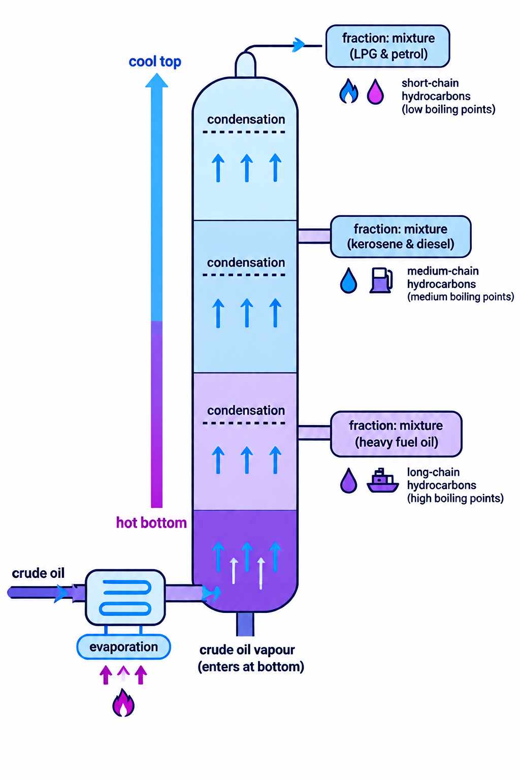 Labelled fractionating column showing hot bottom, cool top, vapour rising, and fractions condensing at different heights