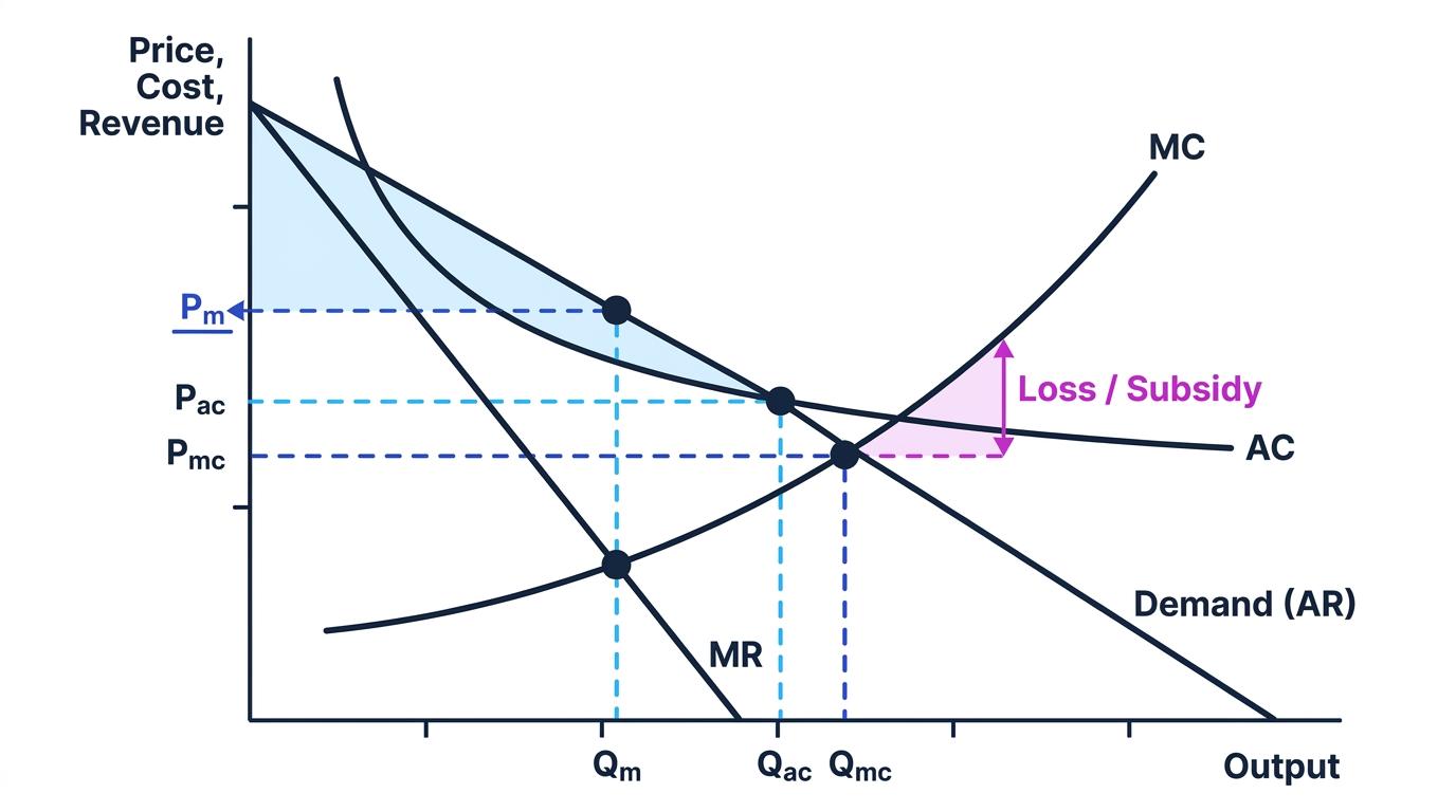 Natural monopoly diagram with demand, MR, AC, MC and monopoly, average-cost, and marginal-cost pricing outcomes labelled