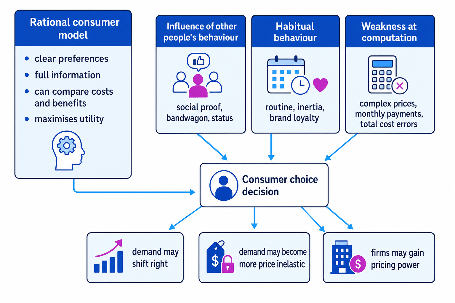 Comparison of the rational consumer model with social influence, habitual behaviour, weakness at computation, and demand outcomes