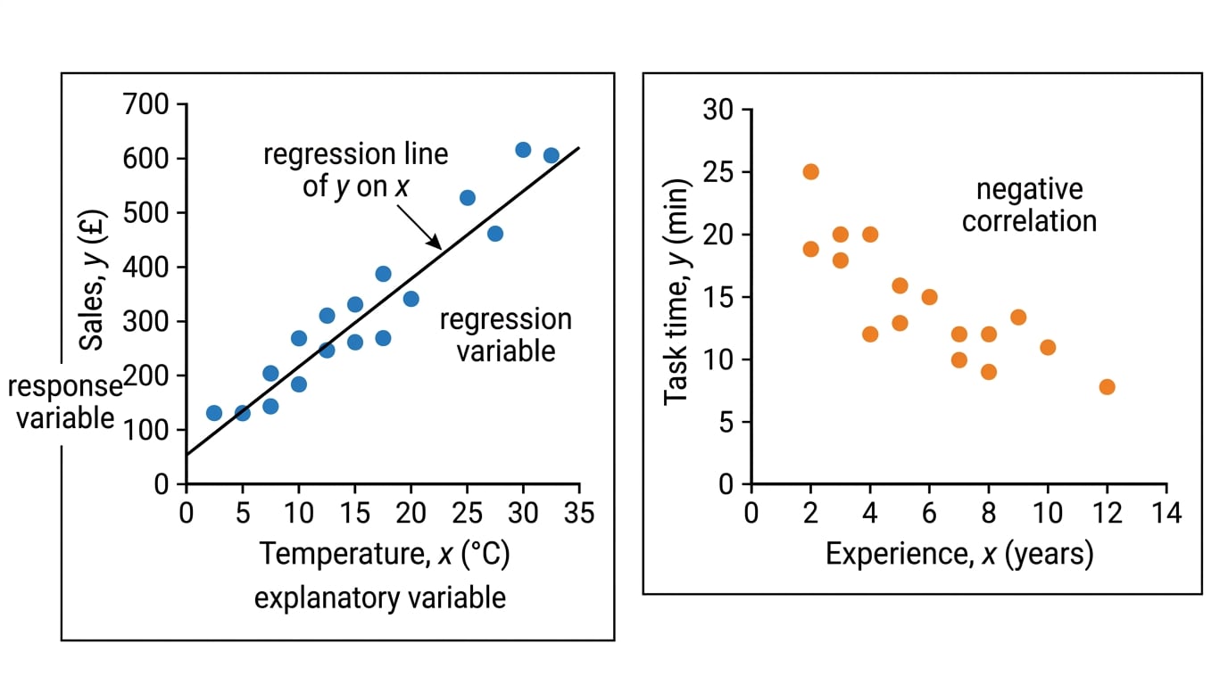 Scatter diagrams showing an upward trend with a regression line and a downward trend, with axes labelled temperature and sales, and experience and task time