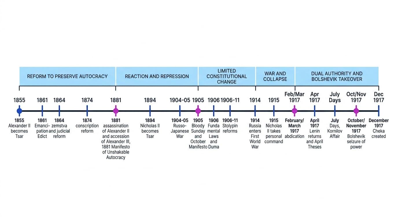 Annotated timeline of Russian autocracy, reform and revolution from 1855 to December 1917