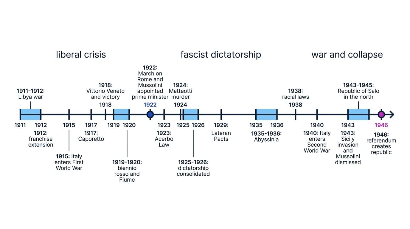 Timeline of Italy from liberal weakness and war to fascist dictatorship and republican transition, 1911 to 1946