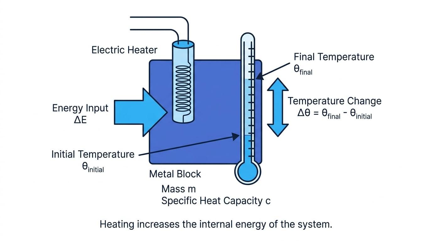 Labelled specific heat capacity setup with a metal block, heater, thermometer, energy input, mass, specific heat capacity, and temperature change