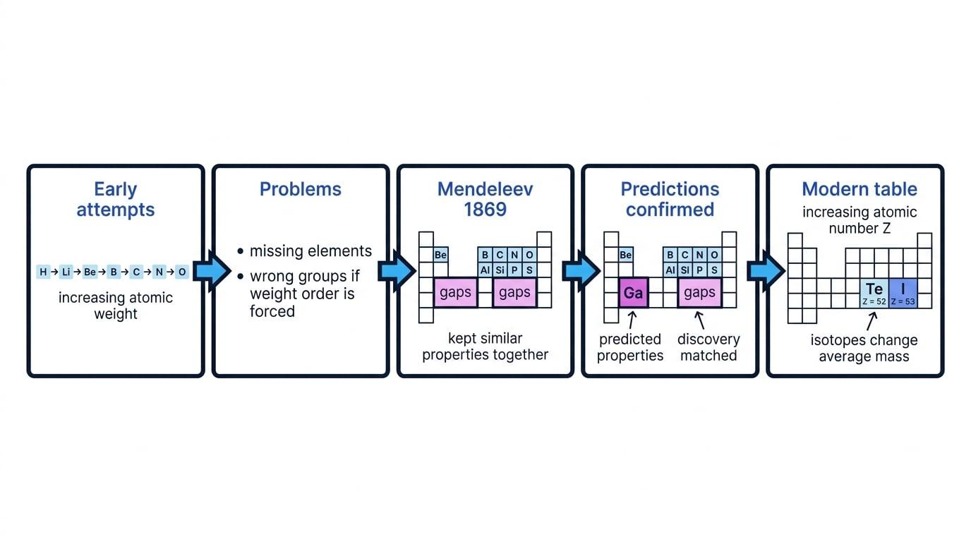 Flowchart showing early atomic weight order, Mendeleev's gaps, confirmed predictions, and the modern atomic number table with tellurium before iodine