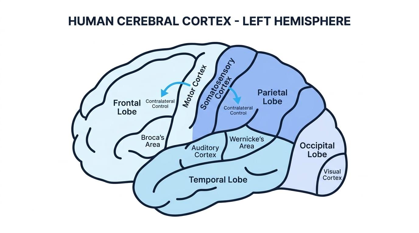 Labelled map of the left cerebral cortex showing frontal, parietal, temporal and occipital lobes plus motor, somatosensory, auditory, visual, Broca's and Wernicke's areas