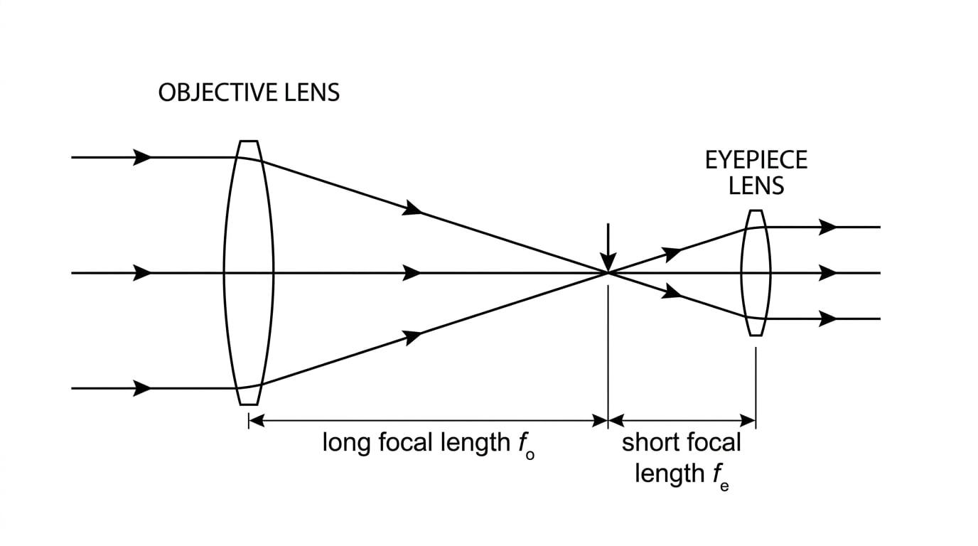 Schematic of an astronomical telescope with a large objective lens, short-focus eyepiece, and real intermediate image labelled