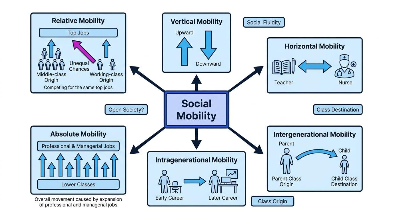 Concept map of patterns of social mobility showing vertical, horizontal, intergenerational, intragenerational, absolute and relative mobility