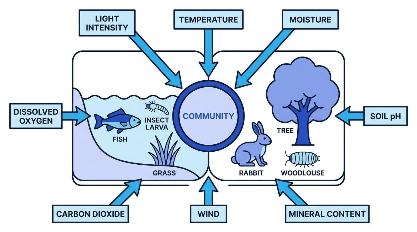 Pond and woodland community with fish, insect larva, tree, grass, rabbit and woodlouse, surrounded by arrows labelled light intensity, temperature, moisture, soil pH, mineral content, wind, carbon dioxide and dissolved oxygen