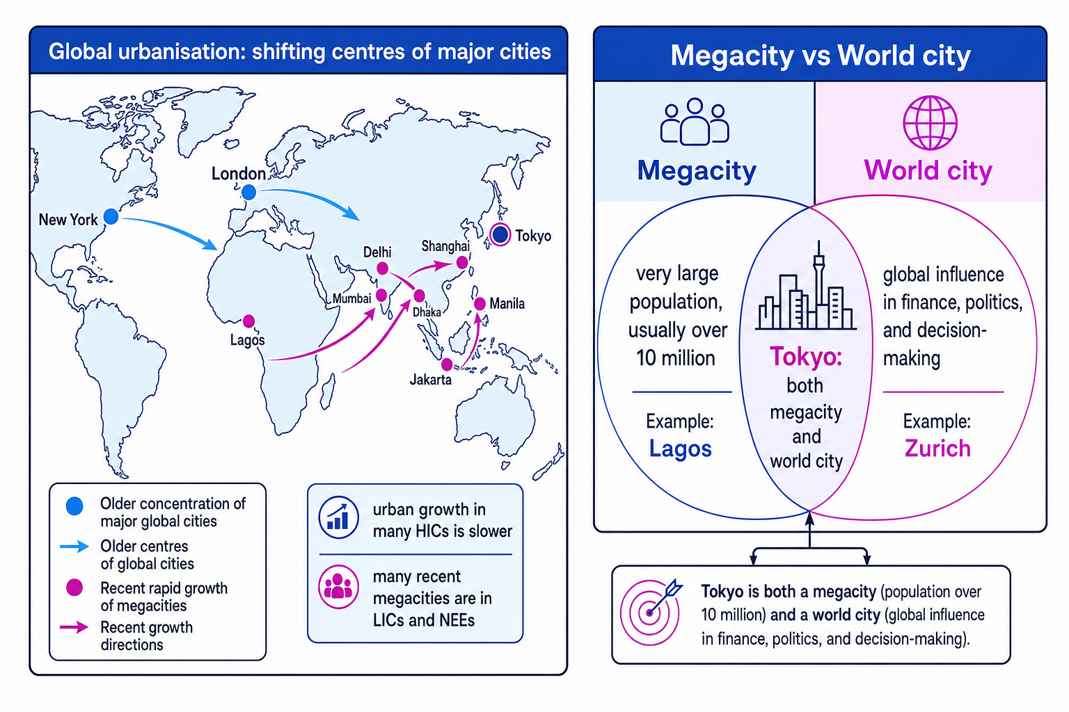 Two-part figure showing the global shift of major cities toward Asia and Africa and comparing megacity with world city, with Tokyo shown as both