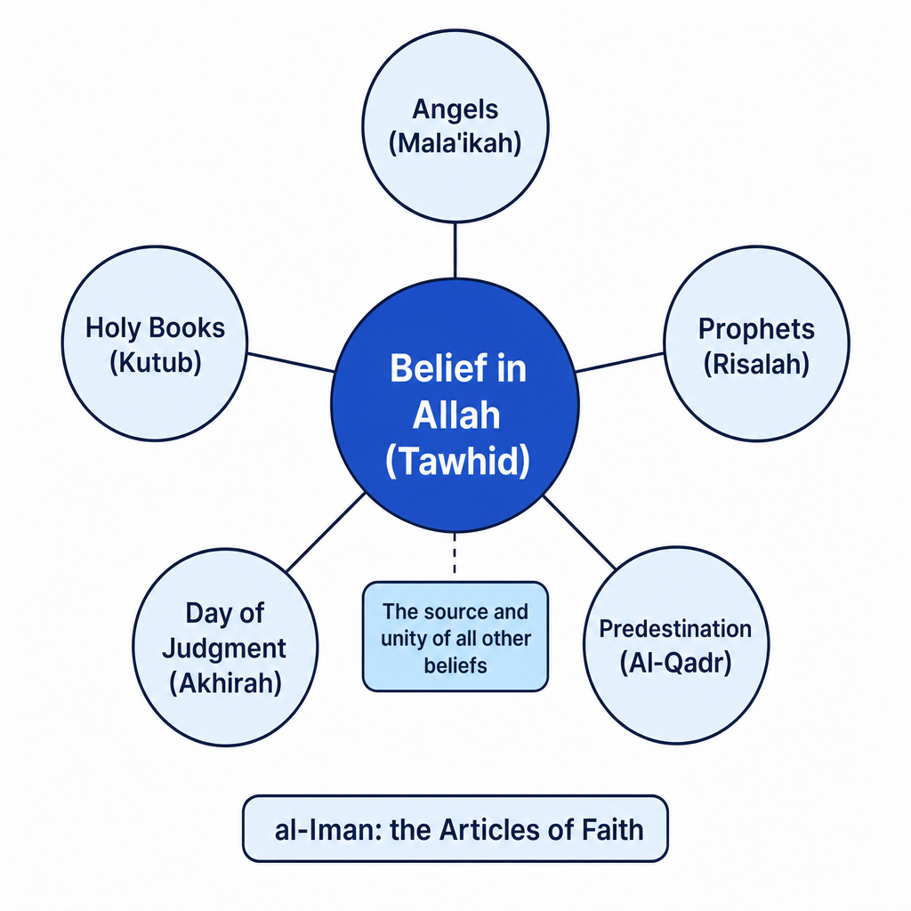 Concept map with Belief in Allah at the centre linked to Angels, Holy Books, Prophets, Day of Judgment, and Predestination inside al-Iman