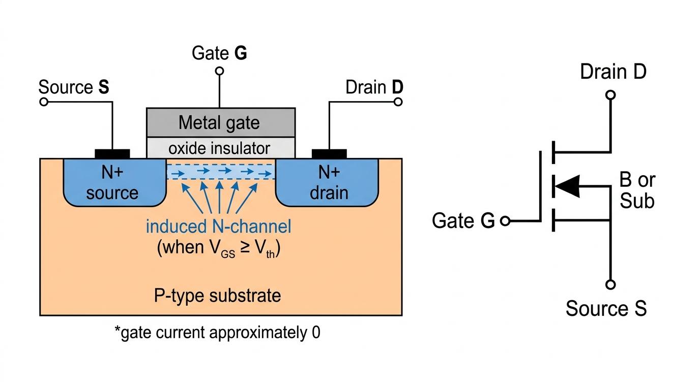 Cross-section of an N-channel enhancement MOSFET showing gate, oxide layer, source, drain, P-type substrate, and an induced channel for positive gate voltage