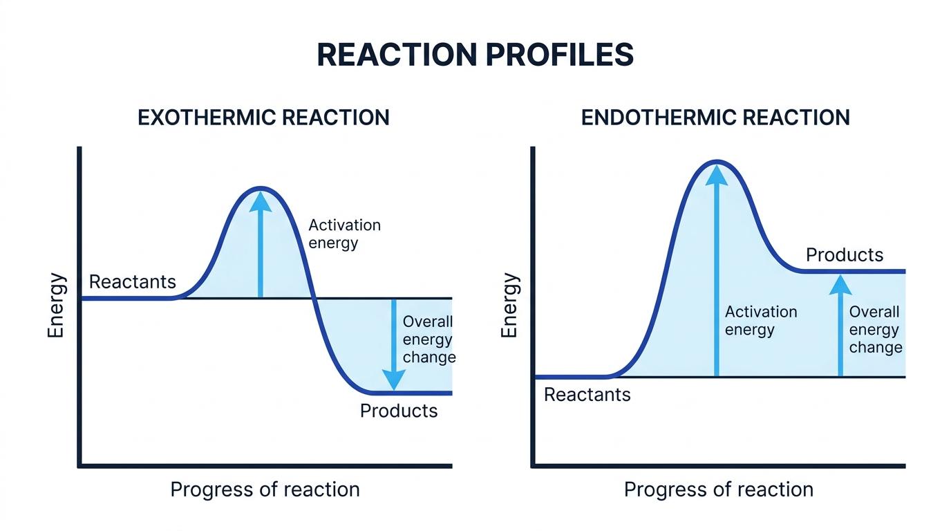 Side-by-side reaction profiles showing an exothermic reaction with products lower than reactants and an endothermic reaction with products higher than reactants; both show activation energy and overall energy change arrows