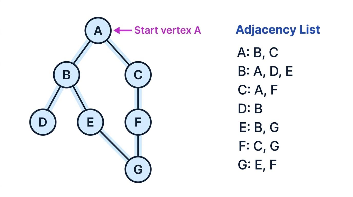 Undirected graph with vertices A to G and adjacency list showing neighbour order for traversal from start vertex A