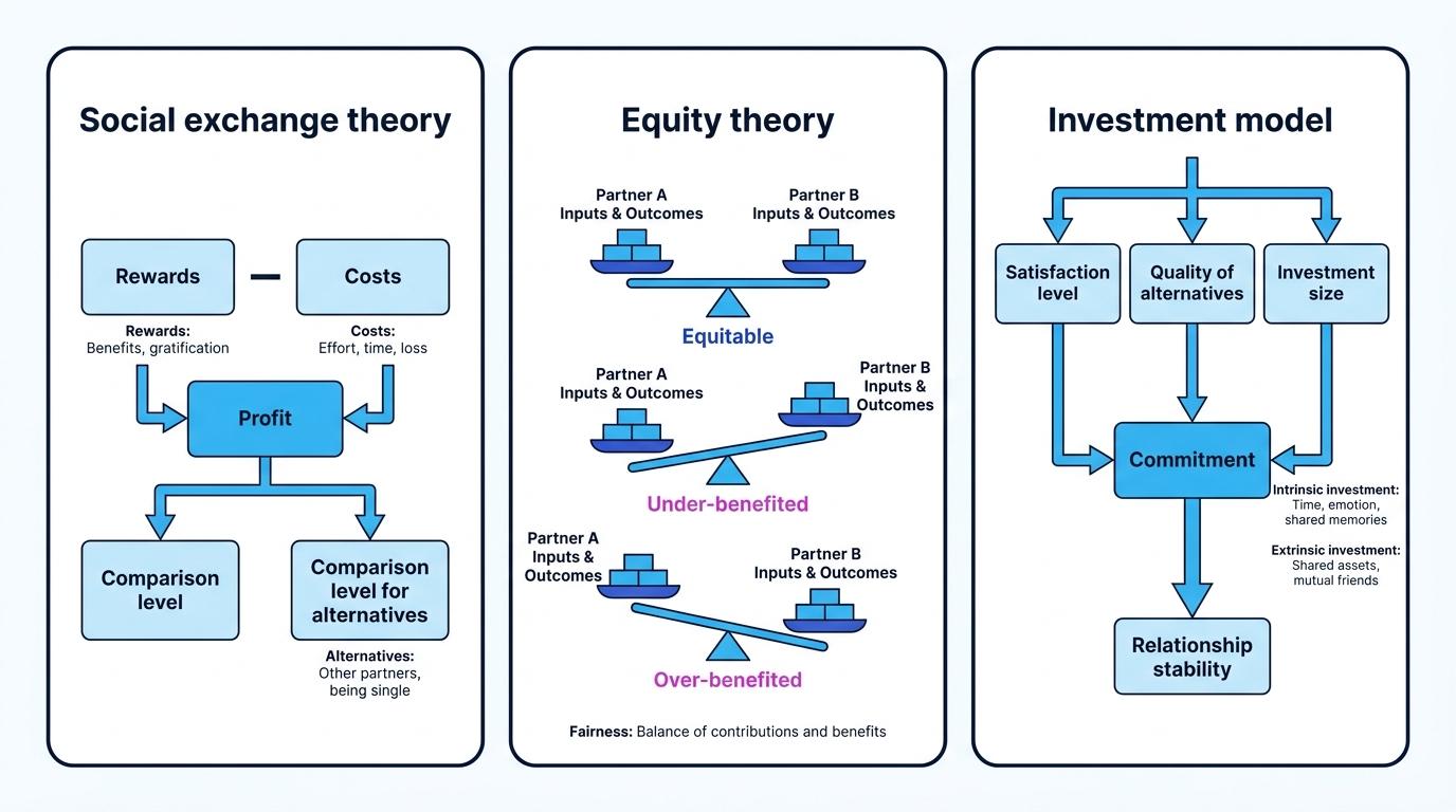 Comparison diagram showing social exchange theory, equity theory and the investment model with rewards, costs, fairness, investment and commitment labelled