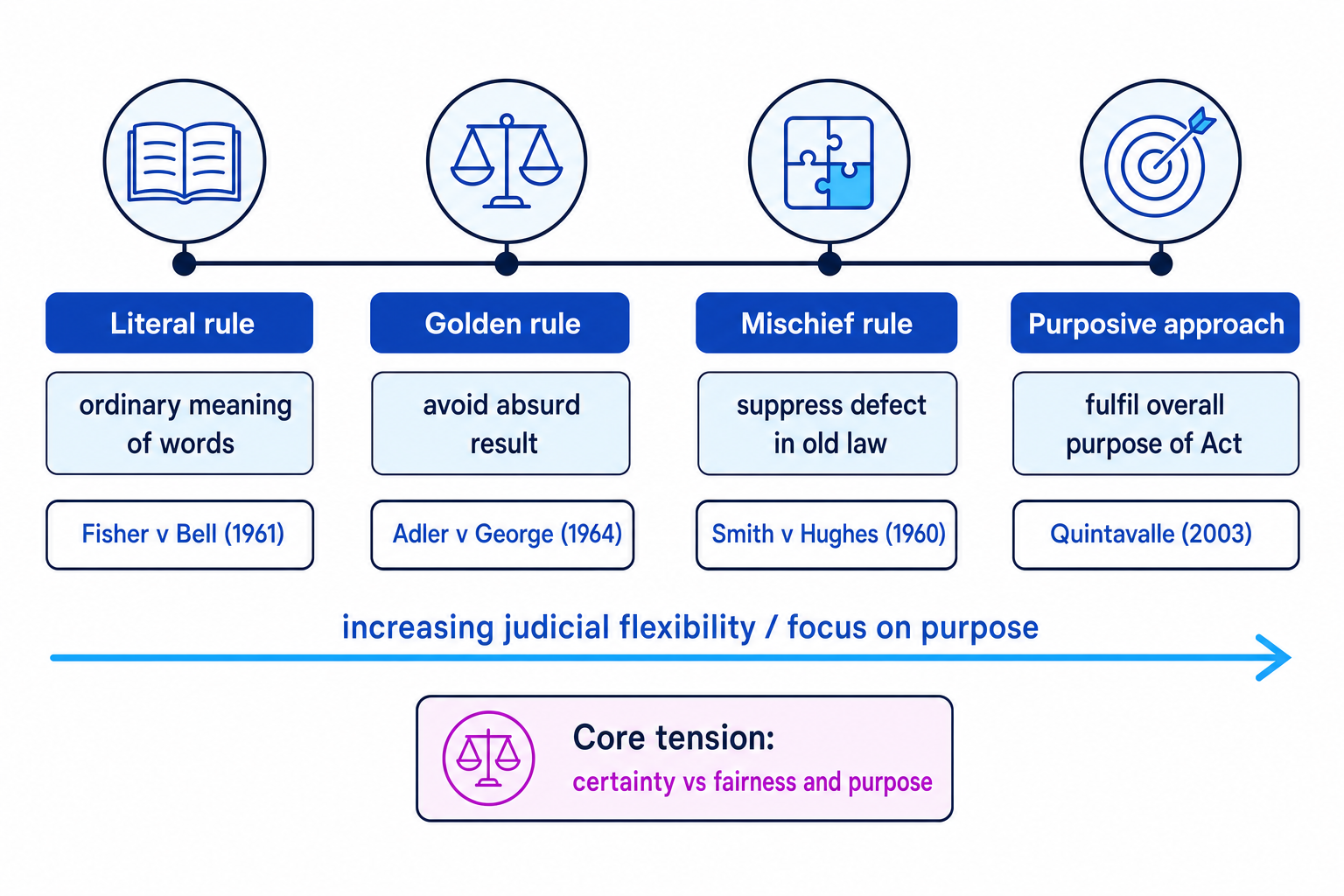 Spectrum comparing literal rule, golden rule, mischief rule and purposive approach, with an arrow showing increasing focus on purpose