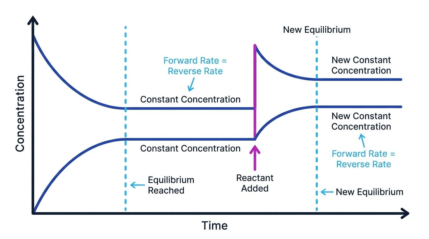 Concentration-time graph showing equilibrium reached, reactant added, and a new equilibrium forming