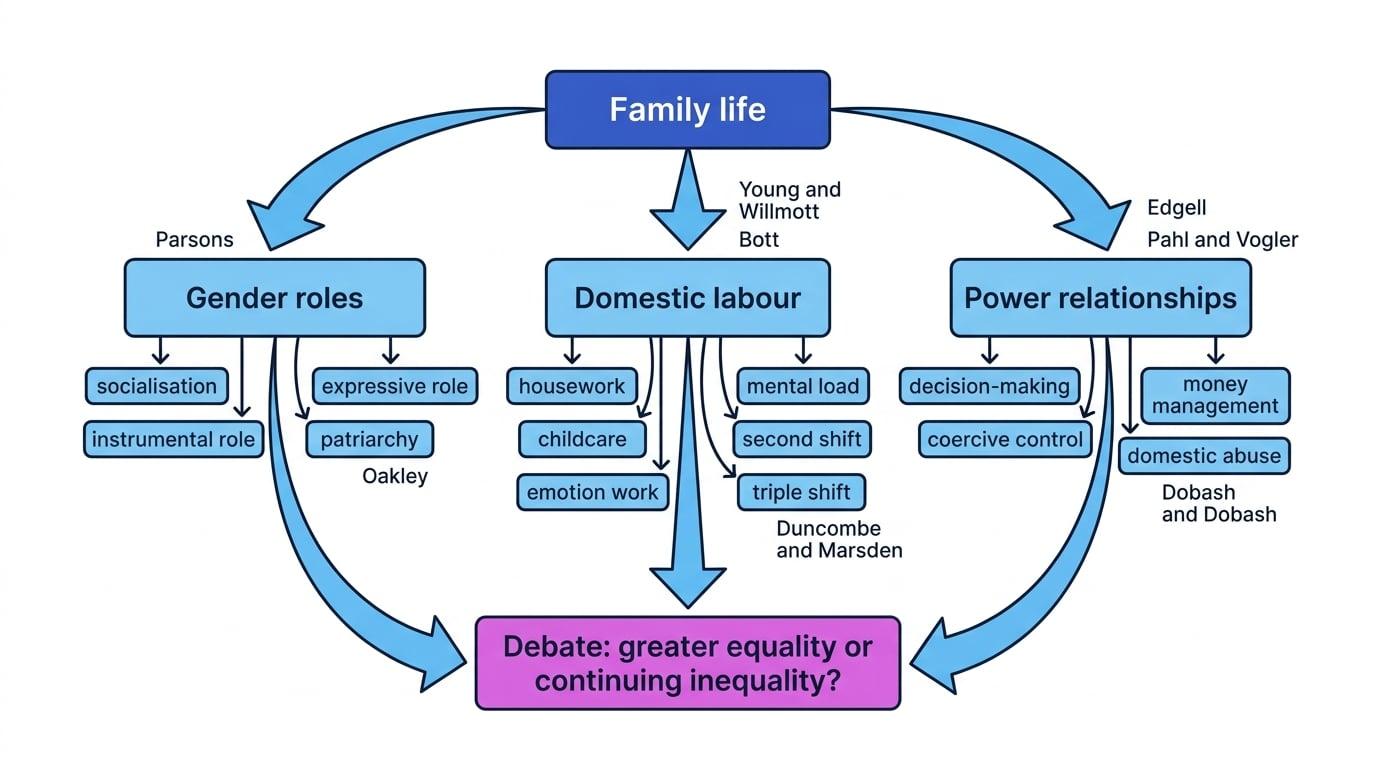 Concept map of family life showing gender roles, domestic labour and power relationships linked to the debate over greater equality or continuing inequality