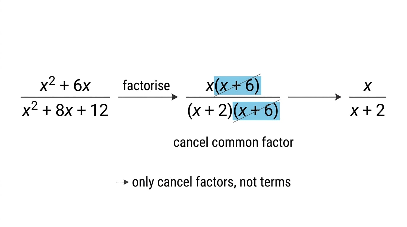 Worked example showing an algebraic fraction factorised from (x^2+6x)/(x^2+8x+12) to x(x+6)/((x+2)(x+6)) and then simplified to x/(x+2), with the common factor x+6 highlighted