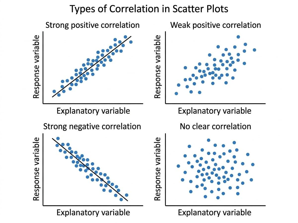 Four scatter plots showing strong positive, weak positive, strong negative, and no clear correlation
