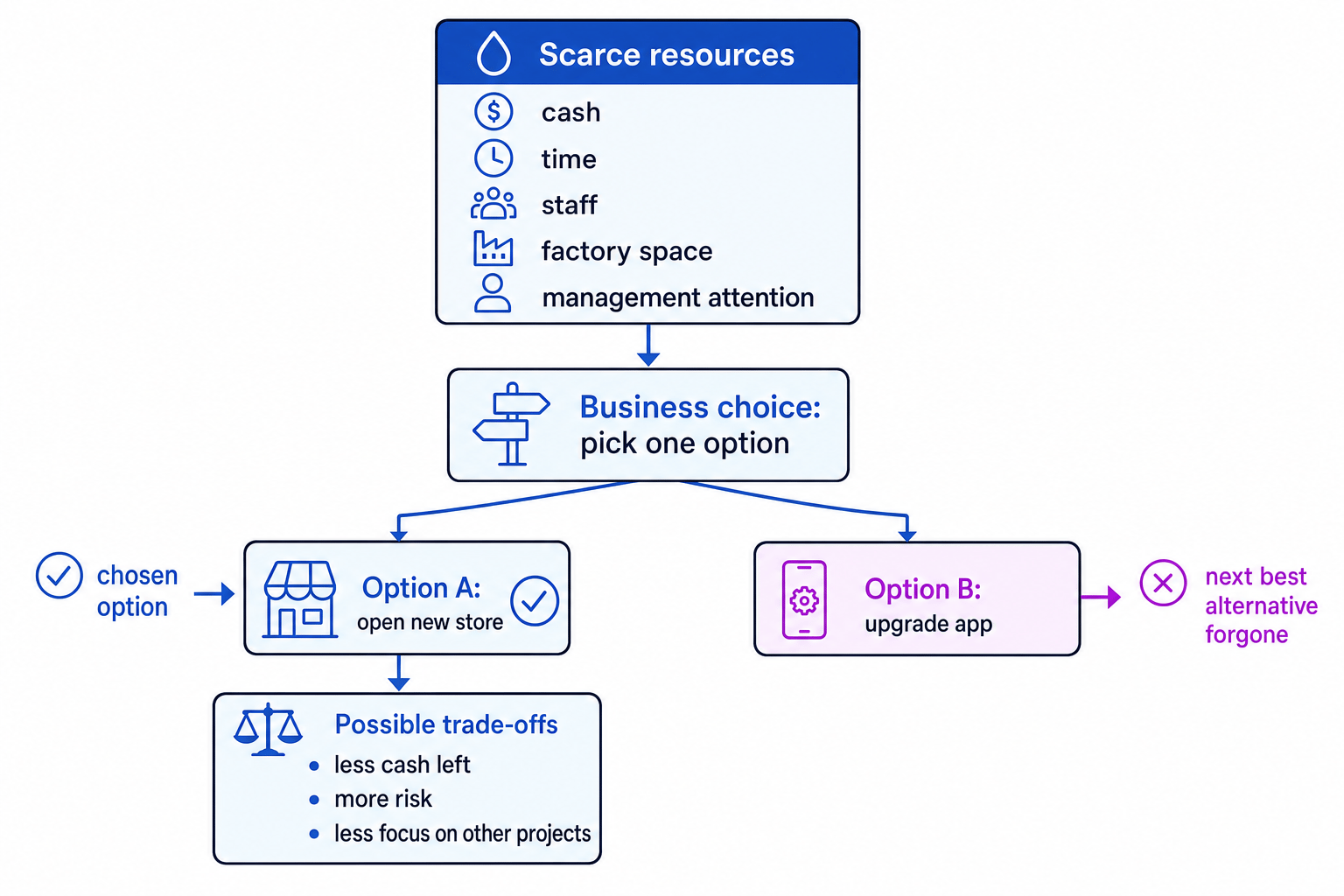 Decision map showing scarce resources leading to a business choice between opening a new store and upgrading an app, with the chosen option, next best alternative forgone, and trade-offs labelled