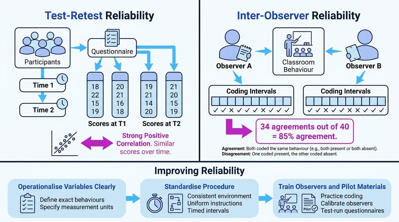Comparison of test-retest reliability, inter-observer reliability, and three ways to improve reliability in psychology