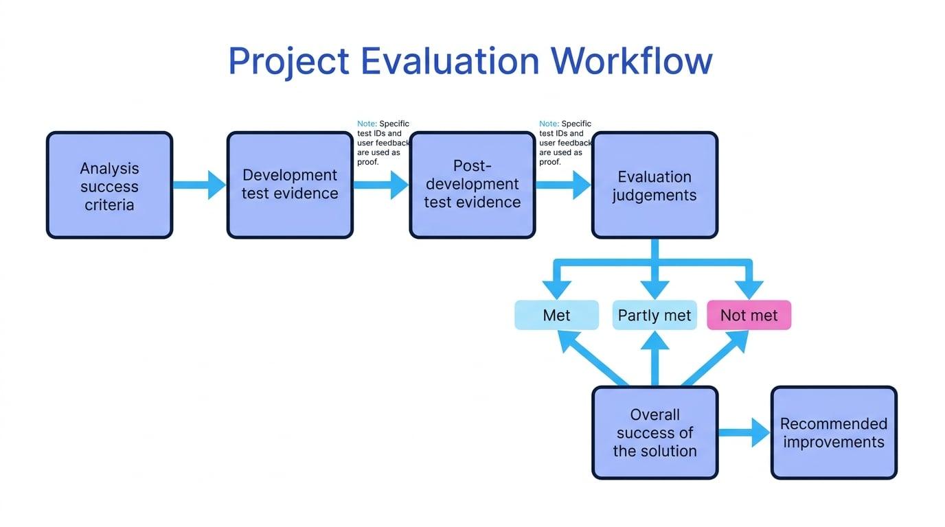 Workflow diagram showing analysis success criteria feeding into development and post-development test evidence, then into met, partly met, or not met judgements, overall success, and recommended improvements