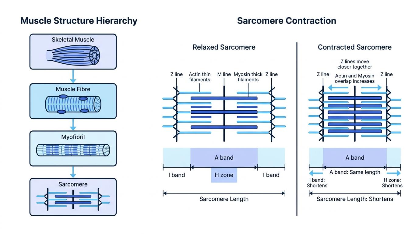 Hierarchy from skeletal muscle to muscle fibre to myofibril and a comparison of relaxed and contracted sarcomeres with Z lines, actin, myosin, A band, I band, H zone, and M line labelled