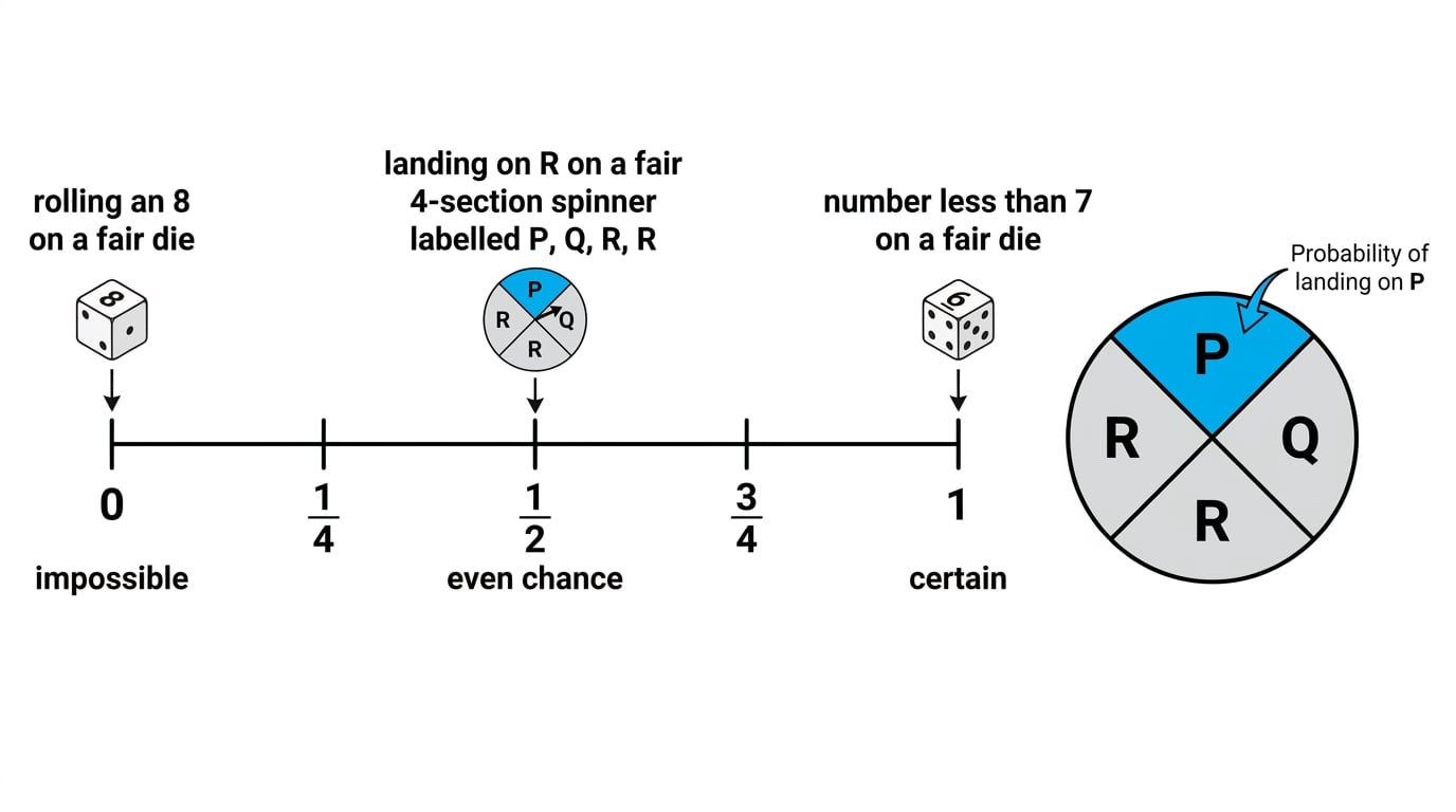 Probability scale from 0 to 1 with impossible, even chance and certain labelled, plus a fair spinner with sections P, Q, R, R