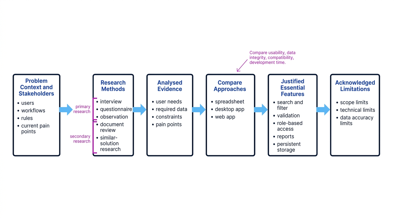 Flow diagram showing the path from problem context and research methods to analysed evidence, compared approaches, justified features, and acknowledged limitations