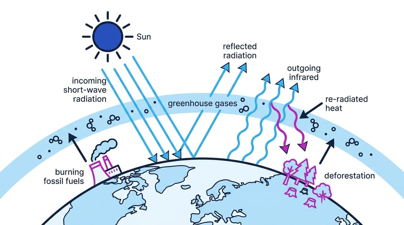 Enhanced greenhouse effect diagram showing incoming short-wave radiation, outgoing infrared, greenhouse gases, and human sources such as fossil fuel burning and deforestation