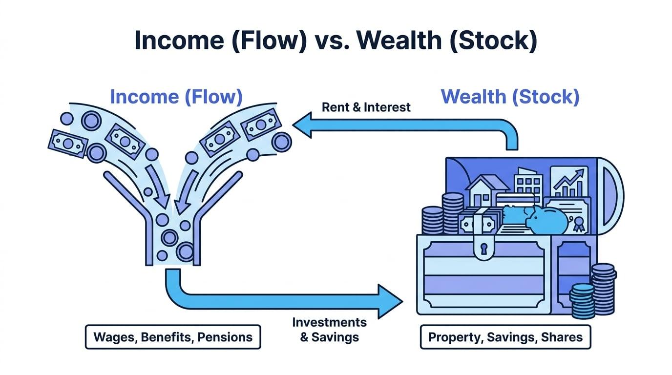 Diagram demonstrating that Income is a flow of incoming resources, while Wealth is an accumulated stock of assets