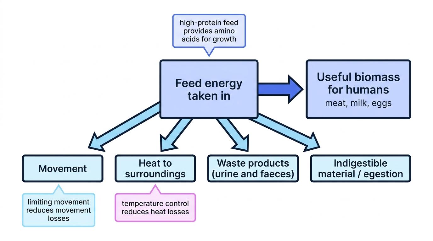 Energy flow diagram of feed energy in a farm animal, showing useful biomass and losses to movement, heat, waste, and indigestible material