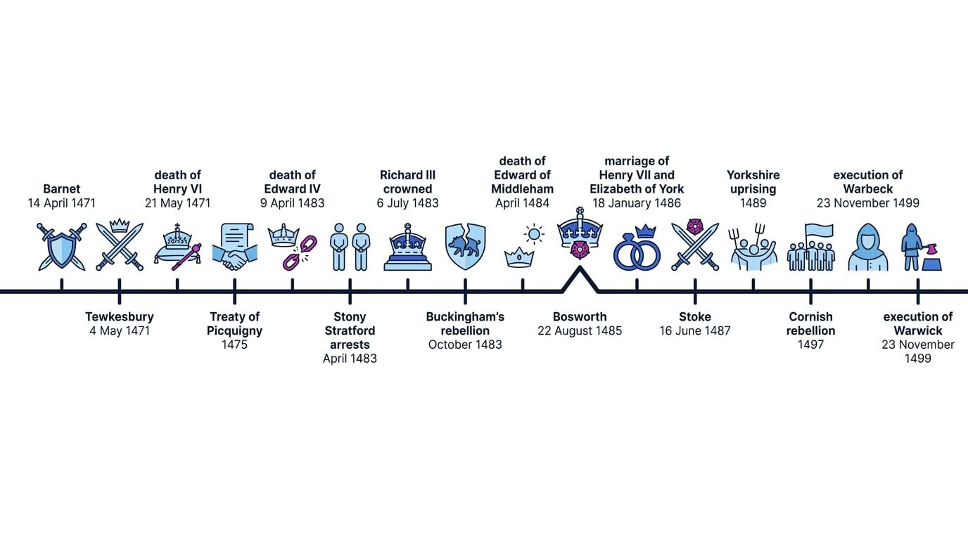 Timeline from Barnet in 1471 to the executions of Warbeck and Warwick in 1499, marking the key stages in the fall of the House of York