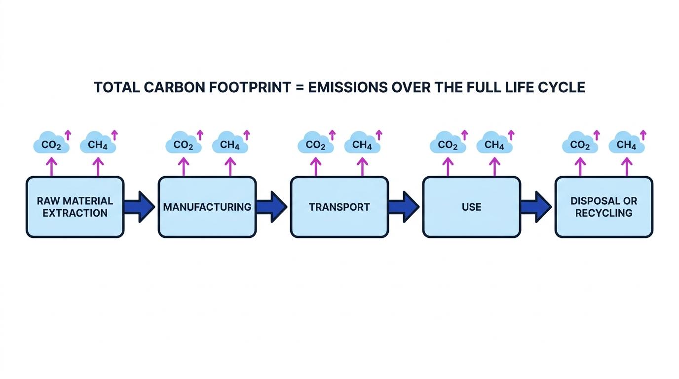Life cycle flowchart showing raw material extraction, manufacturing, transport, use, and disposal or recycling, with CO2 and CH4 emissions at each stage